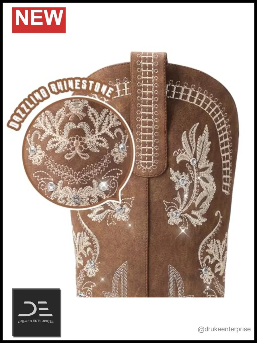 Women's Knee High Cowboy Boots - Pointed Toe Chunky Heel Rhinestone Embroidered